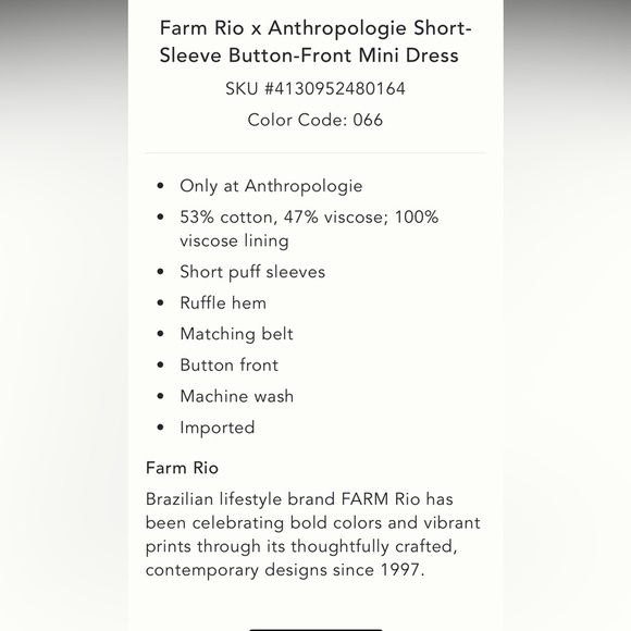 Farm Rio x Anthropologie
Short-Sleeve Button-Front Mini Dress size S. - Picture 7 of 16
